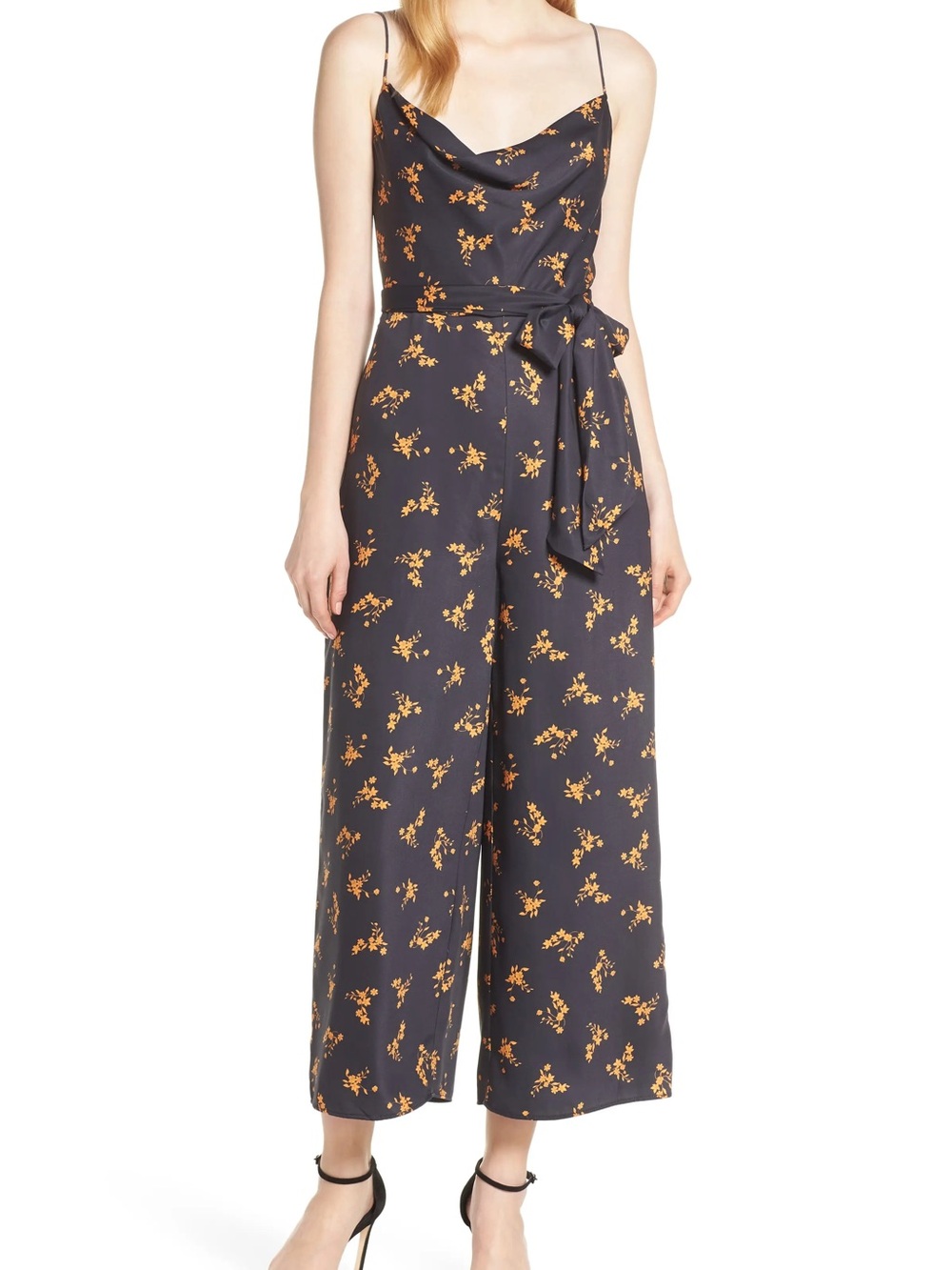 Keepsake the Label Floral Cowl-Neck Wide-Leg Jumpsuit in Navy with Mustard Print